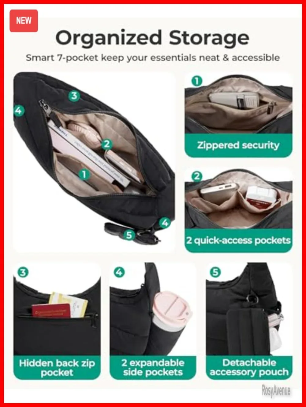 Crossbody Hobo Bag with Adjustable Strap, Puffer Shoulder Handbag Pouch